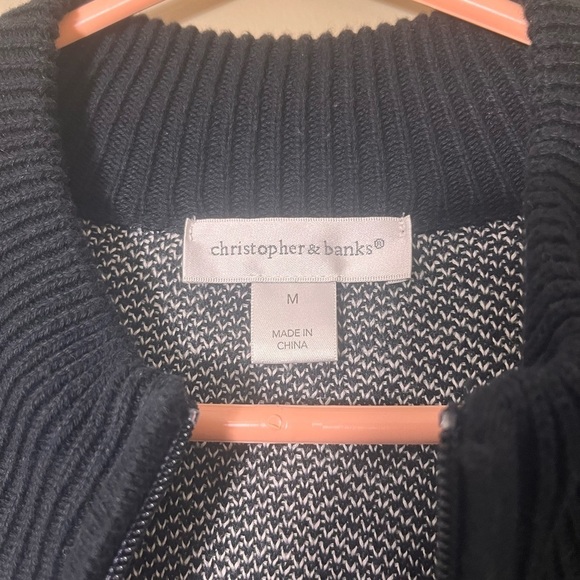 Christopher & Banks Black White Fair Isle Knit Zip Cardigan Sweater Medium Cozy - Picture 6 of 8